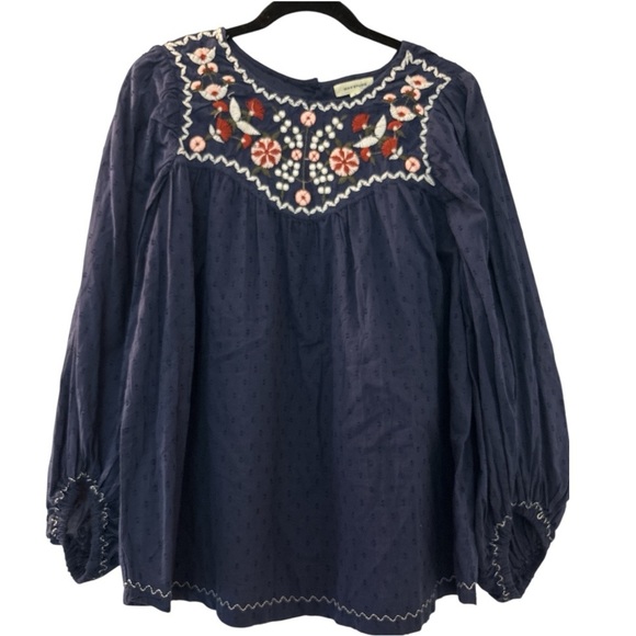 MAX STUDIO top, size Large, dark blue with embroidery.  Full sleeves, 3 buttons - Picture 1 of 8